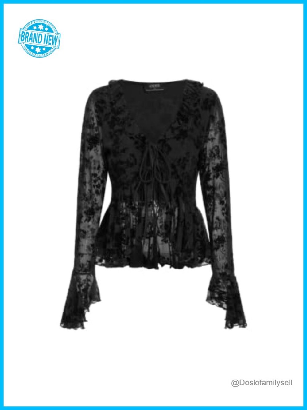 CIDER Floral Mesh V Neck Bell Sleeve Tie Front Blouse
